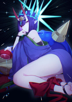1girl absurdres alcohol ankle_ribbon ass bare_shoulders breasts crown cup eyeliner fate/grand_order fate_(series) headpiece highres horns izanaware_game japanese_clothes kimono leg_ribbon long_sleeves looking_at_viewer lying makeup off_shoulder oni pointy_ears purple_eyes purple_hair purple_kimono ribbon sakazuki sake short_hair shuten_douji_(fate) skin-covered_horns small_breasts solo wide_sleeves