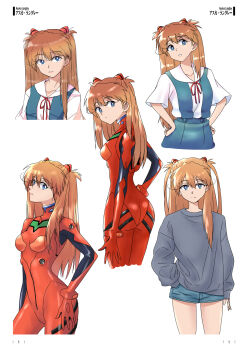 5girls ass blue_dress blue_eyes blue_shorts bodysuit breasts clone denim denim_shorts dress grey_shirt hair_between_eyes hair_ornament hair_over_shoulder hand_in_pocket hand_on_own_hip highres interface_headset_(evangelion) long_hair long_sleeves looking_at_viewer looking_back mecha_pilot_suit multiple_girls multiple_persona narrow_waist neon_genesis_evangelion orange_hair parted_lips plugsuit_(evangelion) profile red_bodysuit red_ribbon ribbon sailor_collar sailor_shirt sashimi_(sasihmi) school_uniform shirt short_sleeves shorts simple_background sleeves_past_wrists small_breasts smile souryuu_asuka_langley striped_bodysuit thighs tokyo-3_middle_school_uniform turtleneck turtleneck_bodysuit very_long_hair white_background white_shirt