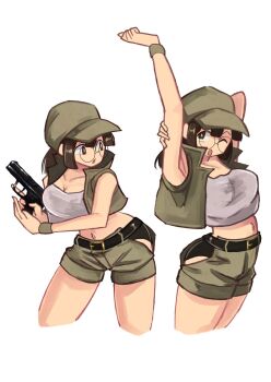 belt brown_eyes brown_hair crop_top field_cap fio_germi glasses gun hat highres holding holding_gun holding_weapon metal_slug military multiple_views ponytail round_eyewear shorts solo stretching tikuwabu_33 weapon white_background
