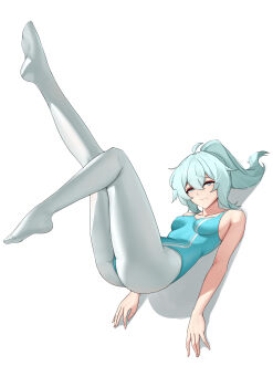 1girl absurdres ass bare_shoulders blue_eyes blue_hair blue_leotard bored breasts casperrin closed_mouth expressionless from_above full_body girls&#039;_frontline gymnastics hair_between_eyes half-closed_eyes highleg highleg_leotard highres legs legs_up leotard light_frown long_hair looking_up lying no_shoes on_back pa-15_(dance_in_the_ice_sea)_(girls&#039;_frontline) pa-15_(girls&#039;_frontline) pantyhose ponytail small_breasts soles solo stretching thighs training