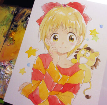 1girl agahari black_eyes blonde_hair bow closed_mouth commentary_request creature creature_on_shoulder cropped_torso hair_bow hand_on_own_cheek hand_on_own_face hand_up head_rest hime-chan_no_ribbon looking_at_another nonohara_himeko on_shoulder open_mouth painting_(medium) photo_(medium) pokota_(hime-chan_no_ribbon) red_bow red_shirt shirt smile star_(symbol) striped_clothes striped_shirt traditional_media two-tone_shirt yellow_eyes yellow_shirt