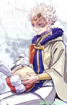 1boy bare_tree bird black_clover cape commentary ejon_sc fur-trimmed_hood fur_trim gold_bracer golden_dawn_(emblem) helmet highres hood hood_down hooded_cape male_focus mask outdoors pants parted_lips purple_eyes scar scar_on_face short_hair sitting smile solo symbol-only_commentary tree unworn_headwear unworn_helmet unworn_mask white_hair white_pants william_vangeance