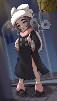 1girl :o @_@ afterimage ansha_(pokemon) backpack bag black_coat black_shoes blue_eyes coat coin eyelashes gen_1_pokemon hat head_tilt highres holding holding_strap holding_string holed_coin hypno hypnosis leg_warmers long_hair mind_control mixed-language_commentary motion_lines negaska nintendo pendulum pigeon-toed pink_leg_warmers pink_scarf pokemon pokemon_(creature) pokemon_legends:_z-a scarf shirt shoes standing string swirl white_bag white_hat white_shirt