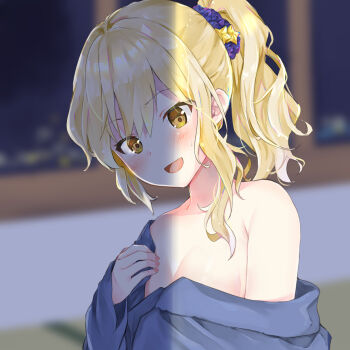 1girl alternate_costume alternate_hairstyle blonde_hair blue_kimono blurry blush breasts cleavage commentary_request depth_of_field hair_ornament hair_scrunchie highres japanese_clothes kimono kirisame_marisa looking_at_viewer minatsuki_yurara off_shoulder open_mouth ponytail scrunchie shadow smile solo sweatdrop touhou yellow_eyes