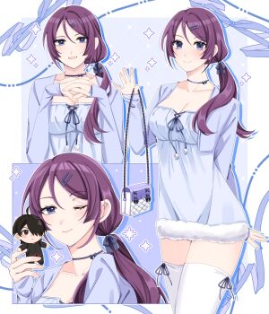 1girl alternate_costume araragi_koyomi bag black_choker black_ribbon blue_background blue_dress blue_eyes blue_jacket blush border breasts character_doll choker cleavage closed_mouth collared_shirt cowboy_shot cropped_jacket doll dress fur_trim hair_between_eyes hair_ornament hair_over_shoulder hairclip highres jacket jmfz5558 long_hair long_sleeves looking_at_viewer medium_breasts monogatari_(series) multiple_views one_eye_closed open_mouth ponytail purple_hair ribbon senjougahara_hitagi shirt short_dress shoulder_bag sleeves_past_wrists smile thighhighs thighs upper_body white_border white_thighhighs