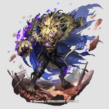 1boy abs animal_ears armor arrow_(projectile) bara black_armor blue_cape broken broken_armor broken_sword broken_weapon cape claws closed_mouth commentary_request copyright_notice cross_scar digitigrade dimitri_alexandre_blaiddyd dimitri_alexandre_blaiddyd_(blue_lion) dimitri_alexandre_blaiddyd_(timeskip) english_text eyepatch facing_viewer fangs fire_emblem fire_emblem_shadows floating_rock fur-trimmed_cape fur_trim furry furry_male glowing glowing_eyes glowing_scar grey_background halberd highres lion_boy lion_ears lion_mane lion_tail male_focus mixed-language_commentary muscular muscular_male nijihayashi nintendo official_art open_mouth over_shoulder pectorals planted planted_arrow planted_polearm planted_sword planted_weapon polearm scar scar_across_eye scar_on_chest scar_on_face sword tail torn_cape torn_clothes weapon whiskers