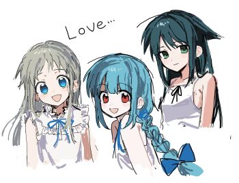 3girls :d ano_hi_mita_hana_no_namae_wo_bokutachi_wa_mada_shiranai. aqua_hair black_ribbon blue_bow blue_eyes blue_hair blue_ribbon bow braid commentary_request cropped_torso dress english_text green_eyes grey_hair hair_bow hair_flaps highres honma_meiko long_braid long_hair looking_at_viewer multiple_girls neck_ribbon open_mouth ozui_(ozuizui) red_eyes ribbon saya_(saya_no_uta) saya_no_uta smile ushirono_natsu white_dress zeno_(game)