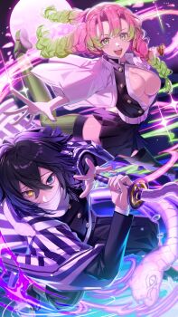 1boy 1girl absurdres belt black_hair black_jacket black_pants braid breasts buttons cleavage gold_buttons green_eyes green_hair green_thighhighs hair_between_eyes heterochromia highres holding holding_sword holding_weapon iguro_obanai jacket kanroji_mitsuri katana kimetsu_no_yaiba large_breasts long_hair looking_at_viewer moon multicolored_hair open_clothes open_jacket open_mouth osc611 pants pink_hair sandals skirt smile snake striped_haori sword teeth thighhighs two-tone_hair upper_teeth_only weapon white_belt