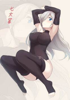 10s 1girl armpits arms_up barefoot black_thighhighs blue_eyes bodysuit breasts detached_sleeves elizabeth_liones feet female_focus hair_over_one_eye large_breasts leotard long_hair nanatsu_no_taizai seven_deadly_sins silver_hair sketch solo thighhighs toeless_legwear toes very_long_hair zi_se zoom_layer