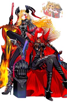 armor armored_bodysuit asymmetrical_bangs black_armor black_bodysuit black_boots black_horns blonde_hair bodysuit boots cape chibi chibi_inset clothes_on_shoulders collared_cape commentary_request crossed_legs fate/grand_order fate_(series) fire flaming_weapon full_body greatsword hair_over_one_eye highres holding holding_sword holding_weapon horns knees_up long_hair long_horns looking_at_viewer nero_claudius_(fate) oda_nobunaga_(fate) oda_nobunaga_(maou_avenger)_(fate) popped_collar queen_draco_(fate) queen_draco_(first_ascension)_(fate) queen_draco_(third_ascension)_(fate) red_cape red_eyes red_hair red_scales riyo_(lyomsnpmp)_(style) shoulder_plates simple_background sitting smile sword twitter_username watermark weapon white_background yui_(tamagohan)