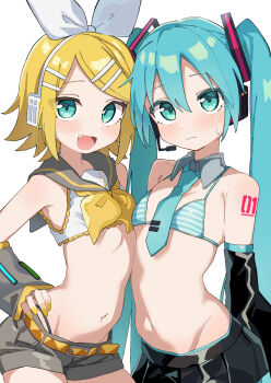 2girls adapted_costume aqua_bikini aqua_eyes aqua_hair aqua_necktie arched_back bare_shoulders belt bikini bikini_top_only black_skirt blonde_hair blush breast_press breasts closed_mouth collarbone commentary cowboy_shot crop_top cropped_shirt detached_collar detached_sleeves duplicate embarrassed fang fingernails flat_chest grey_sailor_collar grey_shorts hair_between_eyes hair_ornament hair_ribbon hairclip hand_on_own_hip hatsune_miku headset highres kagamine_rin long_hair looking_at_viewer maud0239 miku_collar_bikini multiple_girls musical_note musical_note_print nail_polish narrow_waist navel neckerchief necktie number_tattoo open_mouth pixel-perfect_duplicate pleated_skirt ribbon romaji_commentary sailor_bikini sailor_collar short_hair short_necktie shorts shoulder_tattoo simple_background skirt small_breasts striped_bikini striped_clothes swept_bangs swimsuit symmetrical_docking tattoo treble_clef twintails very_long_hair vocaloid white_background white_bikini white_ribbon yellow_belt yellow_nails yellow_neckerchief