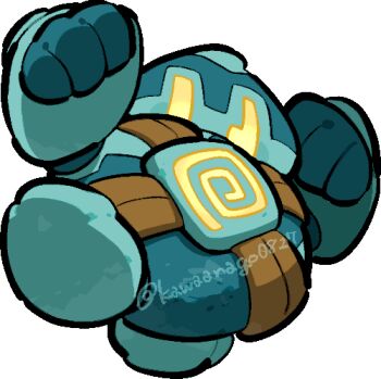 Rule 34 | asymmetrical eyes, chibi, chibi only, clenched hands, commentary request, full body, gen 5 pokemon, golem, golett, kawaanago, lowres, nintendo, no humans, pokemon, pokemon (creature), pokemon focus, solo, standing, standing on one leg, transparent background, twitter username, yellow eyes