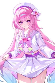 1girl alternate_costume bow bowtie chest_bow closed_mouth colored_eyelashes commentary cyrene_(demiurge)_(honkai:_star_rail) cyrene_(honkai:_star_rail) dalmyang gradient_hair hat heart-shaped_gem honkai:_star_rail honkai_(series) long_hair long_sleeves looking_at_viewer midriff multicolored_hair pink_bow pink_bowtie pink_hair purple_eyes sailor_collar school_uniform shirt simple_background skirt skirt_hold smile solo standing thighhighs very_long_hair white_background white_hat white_sailor_collar white_shirt white_skirt zettai_ryouiki
