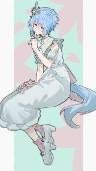 Rule 34 | 1girl, absurdres, animal ears, blue eyes, blue hair, bow, breasts, choker, closed mouth, commentary request, dress, ear flower, hair between eyes, highres, horse ears, horse girl, horse tail, k.s.miracle (umamusume), looking at viewer, purple bow, purple socks, saramiao-chan, shoes, short hair, socks, solo, tail, umamusume, white dress