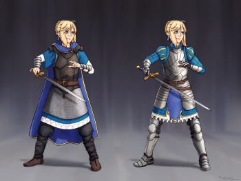 1girl absurdres ahoge alternate_costume armor armored_boots armored_dress artoria_pendragon_(fate) autumnarchfey blonde_hair blue_cape boots braid breasts brown_boots cape chainmail commentary dress english_commentary excalibur_(fate/stay_night) fate/stay_night fate_(series) gauntlets green_eyes hair_bun hair_ribbon highres holding holding_sword holding_weapon leather_armor long_sleeves ribbon saber_(fate) short_hair solo sword weapon