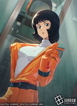1girl aeug argama belt black_hair commentary_request company_name copyright_name copyright_notice fa_yuiry gloves gundam gundam_card_game hangar logo long_hair looking_at_viewer malo_(mlpmpmp) mecha_pilot_suit normal_suit_(gundam) official_art science_fiction solo spacecraft_interior sunrise_(company) turtleneck undressing zeta_gundam
