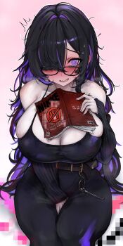 Rule 34 | @ @, belt, black-framed eyewear, black belt, black dress, black hair, blush, book, breasts, censored, cleavage, colored inner hair, dress, flustered, full-face blush, glasses, goddess of victory: nikke, hair intakes, hair over one eye, hashtag-only commentary, highres, holding, holding book, label (nikke), large breasts, long hair, long sleeves, looking at viewer, molar breaker, mosaic censoring, multicolored hair, open book, open mouth, pink background, purple eyes, purple hair, sitting, smile, solo