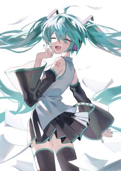 1girl aqua_hair black_skirt black_sleeves closed_eyes detached_sleeves grey_shirt hatsune_miku headphones headset highres long_hair number_tattoo pleated_skirt samsap shirt skirt solo tattoo twintails very_long_hair vocaloid