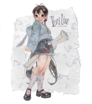 1girl alien animal_ear_hood animal_ears antenna_hair belt belt_buckle black_belt black_shoes blue_hoodie blue_skirt border braces brown_eyes brown_hair buckle character_name denim denim_skirt ear_piercing eyelashes fake_animal_ears full_body fur-trimmed_skirt fur_trim grey_background grin hair_ornament hairclip happy hay_lin highres holding holding_scroll hood hood_down hoodie kneehighs knees light_particles lips long_hair long_sleeves looking_at_viewer low_twintails mary_janes miniskirt outside_border paper_background patch patchwork_clothes piercing pink_lips polka_dot polka_dot_socks puffy_long_sleeves puffy_sleeves rabbit_ears scroll shoes signature skirt sleeves_past_wrists smile socks solo sparkle standing star_(symbol) star_hair_ornament stardust_axel toon_(style) twintails very_long_hair w.i.t.c.h. white_border white_socks