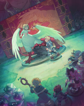 3girls 4boys armor axe blonde_hair chilchuck_tims d20_(die) dark-skinned_female dark_skin dice dungeon_meshi dungeons_&amp;_dragons falin_touden falin_touden_(chimera) figure gm_screen highres izutsumi laios_touden marcille_donato miniature monstyra multiple_boys multiple_girls polyhedral_dice senshi_(dungeon_meshi) staff thistle_(dungeon_meshi)