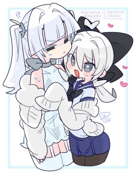 !? 2boys :d ahoge aroused bare_shoulders black_bow black_bowtie black_bra black_panties black_pantyhose blue_sailor_collar blue_skirt blunt_bangs blush bow bowtie bra bulge cardigan collarbone collared_shirt commentary covered_navel cowboy_shot crossdressing crossdressing_(mtf) dress drooling ear_piercing eve_(op_na_yarou) flipped_hair frown fur-trimmed_jacket fur_trim furrowed_brow garter_straps grey_bow grey_bowtie grey_eyes hair_between_eyes hair_bow hair_intakes hair_tie hand_up heart heart-shaped_pupils heart_ahoge highres jacket large_bow locked_arms long_sleeves looking_at_viewer low_twintails male_focus medium_hair microdress miniskirt mole mole_under_eye multiple_boys narrowed_eyes no_nose notched_ear off_shoulder op_na_yarou open_cardigan open_clothes open_jacket open_mouth original panties pantyhose piercing pleated_skirt raised_inner_eyebrows sailor_collar school_uniform see-through_clothes see-through_dress serafuku shirt short_hair sidelocks simple_background skirt sleeveless sleeveless_dress sleeves_past_fingers sleeves_past_wrists smile standing sweat sweatdrop symbol-shaped_pupils t-shirt thighhighs thighs trap twintails two_side_up underwear watermark white_background white_cardigan white_dress white_hair white_jacket white_shirt white_thighhighs