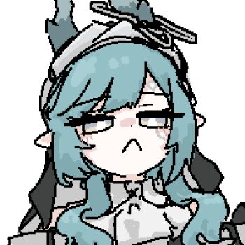 1girl :< arknights arknights:_endfield blue_eyes blue_hair close-up dot_nose dragon_horn grape_(grayp) high_collar jaggy_lines long_hair looking_at_viewer lowres multicolored_eyes simple_background solo two-tone_eyes upper_body white_background xaihi_(arknights) yellow_eyes