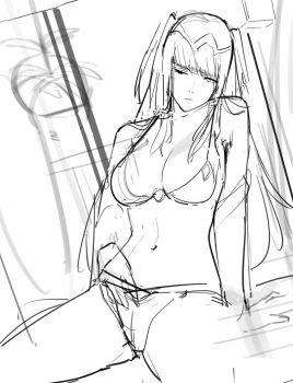 1girl alternate_costume armlet bare_shoulders beach bikini blunt_bangs breasts cleavage collarbone female_focus female_masturbation fire_emblem fire_emblem_awakening highres j@ck jewelry large_breasts long_hair looking_at_viewer masturbation masturbation_through_clothes midriff navel nintendo o-ring o-ring_bikini o-ring_top one_eye_closed parted_lips side-tie_bikini_bottom sidelocks sitting sketch solo steam swimsuit tharja_(fire_emblem) two_side_up underboob unfinished