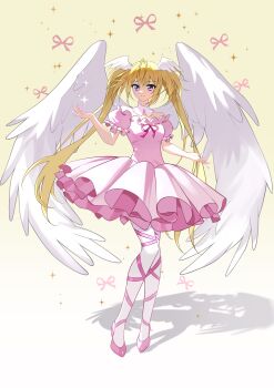 1girl absurdres angel_wings balletcore blonde_hair dress feathered_wings full_body grey_background hand_up head_wings highres hoshina_utau knees_together_feet_apart leg_ribbon long_hair pink_dress pink_ribbon puffy_short_sleeves puffy_sleeves purple_eyes qingmang_yelan red_shoes ribbon ribbon_trim seraphic_charm shadow shoes short_dress short_sleeves shugo_chara! solo standing thighhighs twintails white_thighhighs white_wings wings yellow_background