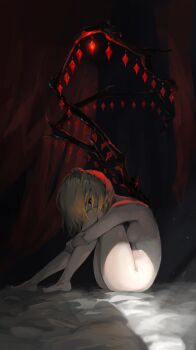 Rule 34 | 1girl, blonde hair, breasts, completely nude, crystal, dark, fetal position, flandre scarlet, from side, hair over one eye, highres, knees up, looking at viewer, looking to the side, nude, red hair, sashimi oniku, short hair, sideboob, sitting, small breasts, solo, thighs, touhou, wings