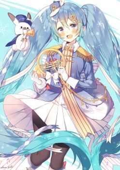 1girl akane_yuki_(yukito0306) animal aqua_eyes aqua_hair band_uniform blush boots epaulettes french_horn fringe_trim gloves hair_between_eyes hair_ornament hashtag-only_commentary hat hat_feather hatsune_miku highres holding instrument long_hair looking_at_viewer mini_hat mini_shako_cap musical_note musical_note_print official_alternate_costume official_alternate_hairstyle open_mouth pleated_skirt rabbit rabbit_yukine shako_cap skirt smile snowflake_print twintails very_long_hair vocaloid white_boots white_gloves white_rabbit_(animal) white_skirt yuki_miku yuki_miku_(2020)