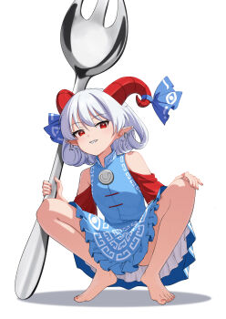 1girl bare_shoulders barefoot blue_dress commentary curly_hair detached_sleeves dress feet frilled_dress frills full_body hand_on_own_knee highres holding holding_spork horn_ornament horn_ribbon horns meandros oeyama open_mouth oversized_object patterned_clothing pointy_ears red_eyes red_horns red_sleeves ribbon sharp_teeth sheep_horns short_hair solo spork squatting teeth touhou toutetsu_yuuma white_background white_hair