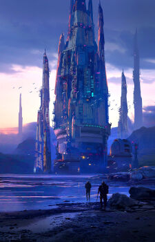 Rule 34 | 2boys, building, cloud, cloudy sky, commentary, english commentary, flock, from behind, gradient sky, highres, lake, landscape, multiple boys, orange sky, original, outdoors, painterly, raphael-lacoste, reflection, reflective liquid, rock, scenery, science fiction, shore, signature, sky, sunlight, tactical clothes, tower, water, yellow sky