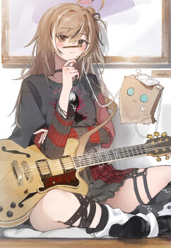 Rule 34 | 1girl, absurdres, ahoge, asymmetrical legwear, black boots, black choker, black leg warmers, black ribbon, black shirt, black skirt, black streaks, black sweater, boots, brown eyes, brown hair, chocosong, choker, commentary request, commission, electric guitar, friend (nanashi mumei), guitar, hair ribbon, hand up, headphones, highres, hololive, hololive english, indian style, indoors, instrument, layered sleeves, leg warmers, long sleeves, looking at viewer, messy hair, miniskirt, mismatched legwear, mp3 player, nanashi mumei, nanashi mumei (emo), nightmare (nanashi mumei), o-ring, o-ring thigh strap, official alternate costume, official alternate hairstyle, one side up, pixiv commission, pleated skirt, print shirt, red sweater, ribbon, shirt, short over long sleeves, short sleeves, sitting, skirt, solo, striped clothes, striped sweater, sweater, sweater under shirt, swept bangs, t-shirt, thigh strap, torn clothes, torn sweater, virtual youtuber, white leg warmers, white streaks