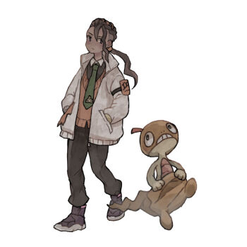 1boy absurdres dark-skinned_male dark_skin dreadlocks full_body gen_5_pokemon green_necktie hands_in_pockets highres ichi_kawa_ichi male_focus naveen_(pokemon) necktie nintendo orange_sweater_vest orange_vest pokemon pokemon_(creature) pokemon_legends:_z-a purple_shoes scraggy shoes standing sweater_vest vest white_background