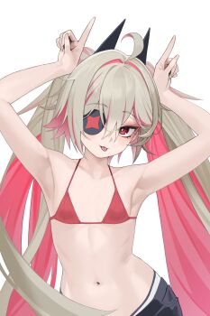 1girl :p absurdres ahoge armpits arms_up bare_arms bare_shoulders bikini bikini_top_only breasts colored_inner_hair commentary_request djmax djmax_respect eyepatch fail_(djmax) grey_hair head_tilt highres horns horns_pose korean_commentary long_hair looking_at_viewer multicolored_hair navel one_eye_covered piercing red_bikini red_hair simple_background small_breasts solo stomach swimsuit tongue tongue_out tongue_piercing toulalan tsurime twintails two-tone_hair upper_body white_background