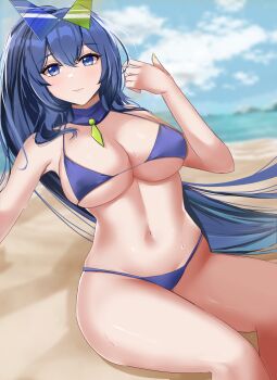 1girl absurdres akuaka azur_lane beach blue_eyes blue_hair breasts cleavage cleft_of_venus coast eyelashes hair_between_eyes highres large_breasts looking_at_viewer navel new_jersey_(azur_lane) new_jersey_(midsummer_leisure)_(azur_lane) covered_erect_nipples ponytail solo swimsuit