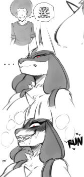 Rule 34 | ..., 1boy, 1girl, afro, animal ears, blush, body fur, breasts, breath, closed mouth, constricted pupils, drooling, english text, faceless, faceless male, fang, fang out, gen 4 pokemon, greyscale, half-closed eyes, happy, heart, large breasts, looking at viewer, lucario, monochrome, multiple views, narrowed eyes, nervous, nervous smile, nervous sweating, nintendo, pokemon, pokemon (creature), raised eyebrows, red eyes, saliva, saltyxodium, sharp teeth, shirt, short hair, short sleeves, simple background, sketch, smile, spikes, spoken heart, spot color, sweat, talking, teeth, upper body, white background, wolf ears, wolf girl