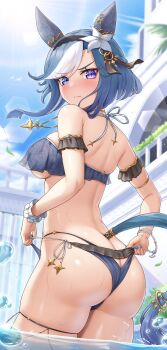 1girl absurdres admire_groove_(umamusume) animal_ears ass bikini bikini_bottom_pull black_bikini blue_hair blue_sky blurry blush bokeh breasts butt_crack closed_mouth commentary_request day depth_of_field frilled_bikini frills from_behind highres horse_ears horse_girl horse_tail large_breasts looking_at_viewer mole mole_under_mouth pulling_own_clothes purple_eyes shinonome_(shinonome_rynn) short_hair short_hair_with_long_locks skindentation sky solo sunlight swimsuit tail thighs umamusume wading white_streaks wrist_wrap