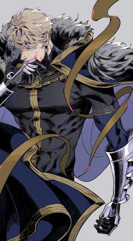 1boy absurdres black_shirt blonde_hair blood blood_on_face blue_cape blue_eyes cape chain chiamo_(lmc_clm) fate/extra fate/grand_order fate_(series) fur-trimmed_cape fur_trim gauntlets gawain_(fate) highres shirt solo tight_clothes toned toned_male