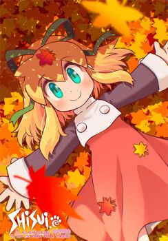 Rule 34 | 1girl, artist name, autumn leaves, blonde hair, blush, closed mouth, commentary request, dress, green eyes, green ribbon, hair ribbon, highres, leaf, leaf background, leaf on head, long hair, long sleeves, looking at viewer, lying, mega man (classic), mega man (series), on back, outstretched arms, ponytail, red dress, revision, ribbon, roll (mega man), shisui, smile, solo, spread arms, upper body