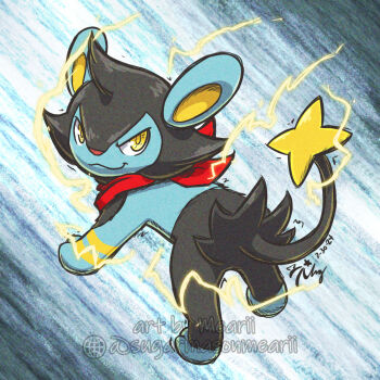 Rule 34 | artist name, bandana, bandana around neck, black fur, blue fur, clothed pokemon, electricity, gen 4 pokemon, looking at viewer, looking back, luxio, nintendo, no humans, pokemon, pokemon (creature), red bandana, signature, solo, sugarmasonmearii, tail, two-tone fur, yellow eyes