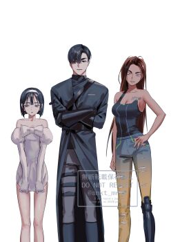 1boy 2girls absurdres alien_stage bare_shoulders black_coat black_gloves black_hair black_shirt bob_cut bow breasts brown_hair chest_bow chest_tattoo cleavage coat commentary_request crossed_arms dark-skinned_female dark_skin dress dress_bow dress_tug elbow_gloves fang fang_out gloves gradient_pants grey_eyes grey_pants hairband hand_on_own_hip highres hyuna_(alien_stage) ivan_(alien_stage) juliet_sleeves long_hair long_sleeves looking_to_the_side multiple_girls off-shoulder_dress off_shoulder pants prosthesis prosthetic_leg puffy_sleeves purple_eyes red_pupils sanokata shirt short_hair single_strap sua_(alien_stage) tattoo thigh_strap twitter_username two-tone_pants very_long_hair very_short_hair watermark white_bow white_dress white_gloves white_hairband yellow_pants