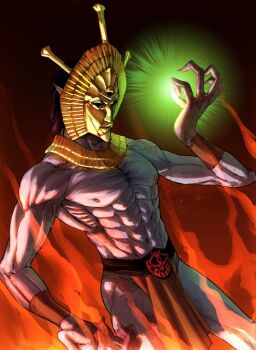 1boy abs black_background black_hair claws colored_skin cowboy_shot dagoth_ur dagoth_ur's_mask dunmer elf energy fire ghostsandgod gold_necklace grey_skin highres jewelry magic male_focus mask necklace pointy_ears red_loincloth signature the_elder_scrolls the_elder_scrolls_iii:_morrowind wristband