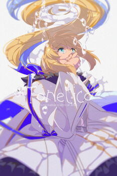 1girl aesc_(fate) aesc_(rain_witch)_(fate) air_bubble black_dress blonde_hair braid breasts bubble character_name cloak dress echo_(circa) fate/grand_order fate_(series) gold_trim green_eyes holding_breath long_hair long_sleeves looking_up medium_breasts side_ponytail solo two-tone_dress underwater white_cloak white_dress wide_sleeves