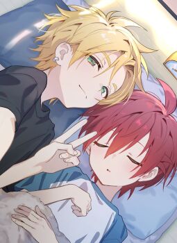 2boys ahoge alarm_clock black_shirt blonde_hair blush clock closed_eyes closed_mouth commentary_request ear_piercing futon green_eyes hair_between_eyes highres looking_at_viewer lying male_focus multiple_boys on_back on_floor on_side original parted_lips piercing pillow pillow_(nutsfool) red_hair shirt short_sleeves sleeping spiked_hair under_covers v yaoi