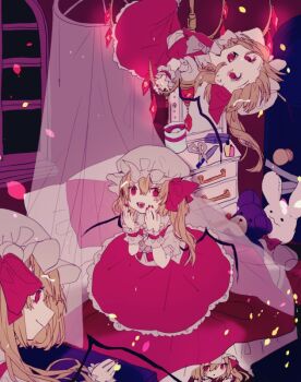 4girls blonde_hair clone commentary_request fingernails flandre_scarlet four_of_a_kind_(touhou) frilled_skirt frills full_body hat indoors long_hair looking_at_viewer mob_cap multiple_girls one-hour_drawing_challenge one_side_up open_mouth red_eyes red_nails red_skirt red_vest scissors shinjitsu_no_kuchi skirt skirt_set smile stuffed_animal stuffed_rabbit stuffed_toy teddy_bear touhou vest white_hat
