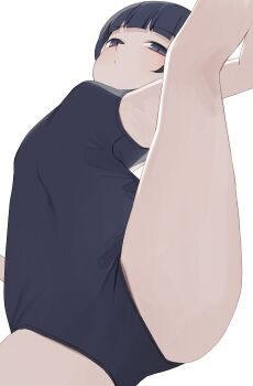 1girl black_hair blue_eyes blue_one-piece_swimsuit breasts highres hiroki_(yyqw7151) leg_up long_hair looking_at_viewer one-piece_swimsuit original school_swimsuit simple_background small_breasts solo split standing standing_on_one_leg standing_split swimsuit white_background