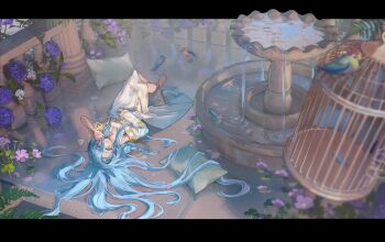 1girl 37_(reverse:1999) absurdres anklet barefoot bird birdcage blue_eyes blue_hair cage cushion dxzloo flower fountain full_body hair_between_eyes hair_spread_out hand_up highres jewelry letterboxed long_hair lying on_back on_ground outside_border pink_flower plant purple_flower reverse:1999 scenery solo toga upside-down very_long_hair water wide_shot