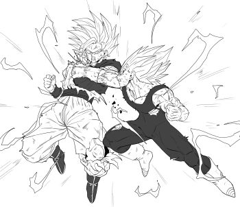 Rule 34 | 2boys, absurdres, battle, blood, blood from mouth, blood on face, bodysuit, boots, dougi, dragon ball, dragonball z, electricity, facial mark, forehead mark, full body, gloves, greyscale, highres, horang4628, majin vegeta, male focus, medium hair, monochrome, multiple boys, muscular, muscular male, pants, parrying, punching, sash, shirt, simple background, son goku, spiked hair, super saiyan, super saiyan 2, torn bodysuit, torn clothes, torn shirt, vegeta, white background