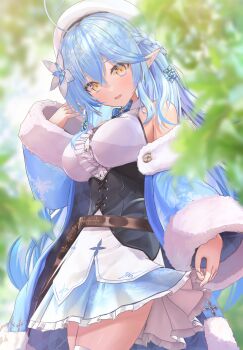 1girl ahoge belt beret black_corset blue_bow blue_bowtie blue_coat blue_hair blue_skirt blurry blurry_background blush bow bowtie braid breasts brown_belt center_frills cleavage_cutout clothing_cutout coat coat_partially_removed commentary_request corset crossed_bangs double-parted_bangs elf flower frilled_shirt frills fur-trimmed_coat fur_trim hair_between_eyes hair_flower hair_ornament half_up_braid hand_up hat heart heart_ahoge highres hololive large_breasts leather_belt long_hair looking_at_viewer mikumikudance mikumikudance_(medium) multicolored_hair neonewcatnyan open_mouth plaid_bow plaid_bowtie plaid_clothes pointy_ears shirt sidelocks skirt sleeveless sleeveless_shirt snowflake_hair_ornament snowflake_print solo streaked_hair very_long_hair virtual_youtuber white_hat white_shirt yellow_eyes yukihana_lamy yukihana_lamy_(1st_costume)